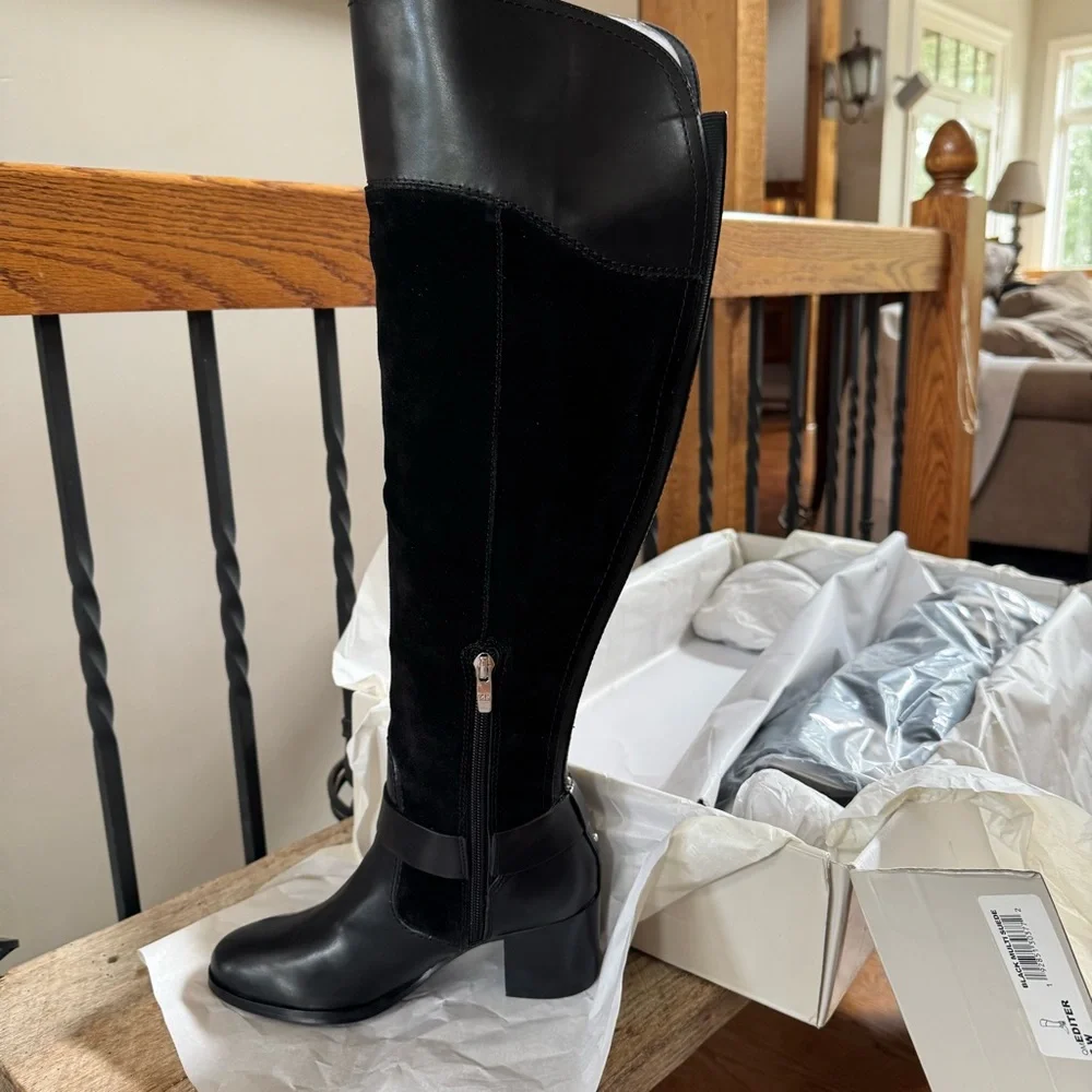 Black Knee-High Leather & Suede Riding Boots